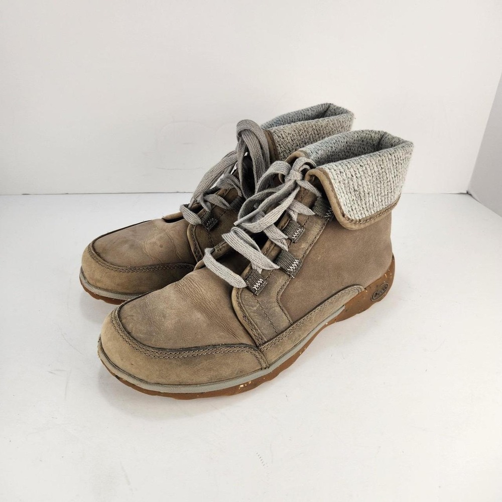 Chaco Women's Size 7.5 Brown Leather Lace-Up Ankle Boots Knit Cuff Casual